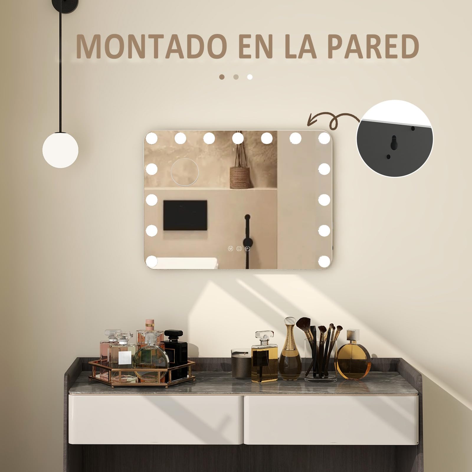YU YUSING Hollywood Espejo Maquillaje con Luz 15 LED, 58x45 cm, 3 Modos Iluminación Regulables, Espejo Tocador, Controles Táctiles, USB, 10x, Espejos de Mesa Tocador Dormitorio, Esquinas Redondas