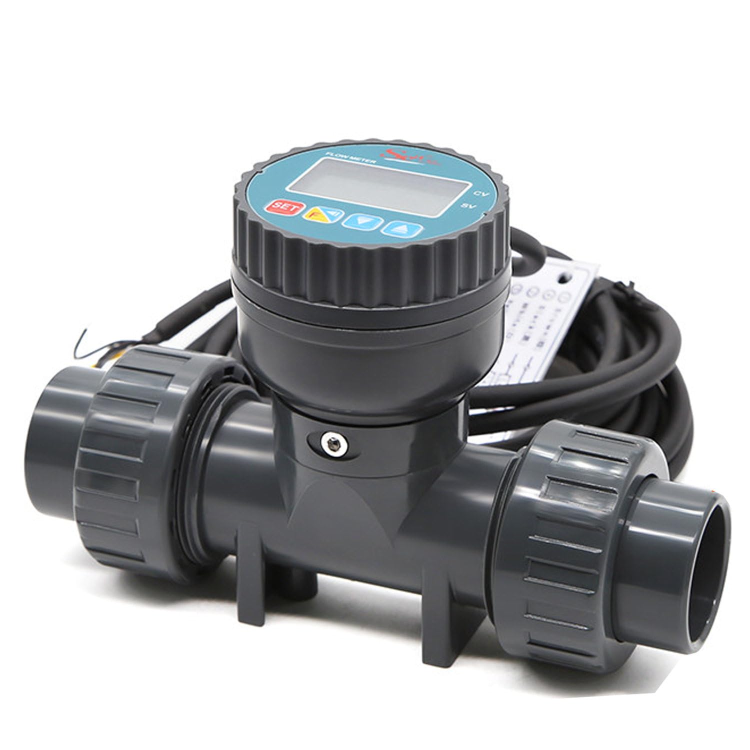 DowPie RS485 Flow Gauge, PVC Flowmeter, LCD Totalizer, Preterminated 15.75Ft Cable for Wastewater Monitoring and Industrial Liquid Circulation Pipeline Inspection DN65