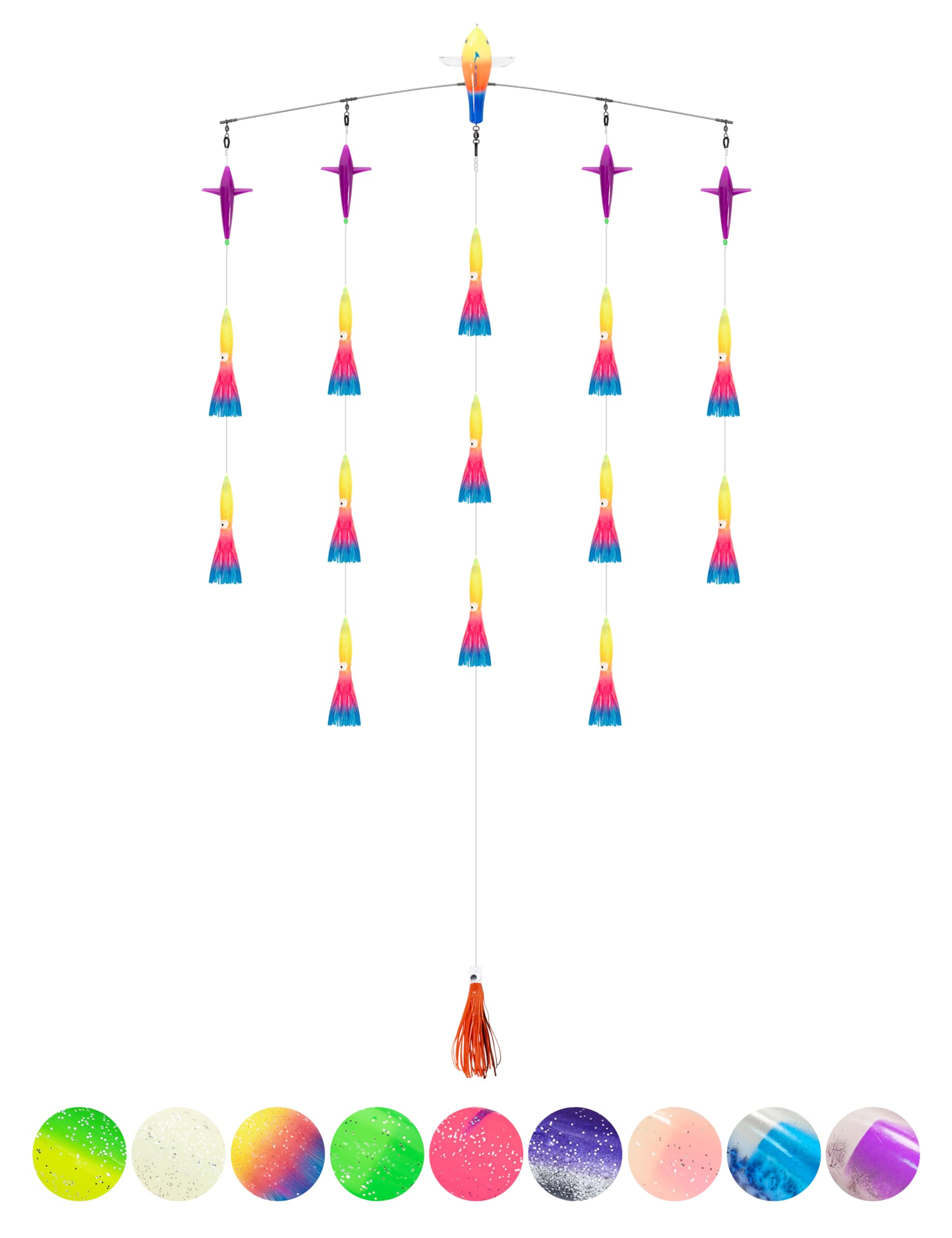 BLUEWING 36in Upgraded Fishing Spreader Bar Canyon with 6in Floating Squids, Trolling Birds, Big Game Trolling Lure and 316 Stainless Steel Rod for Wahoo Tuna Marlin Mahi Mahi, Rainbow โ image 1
