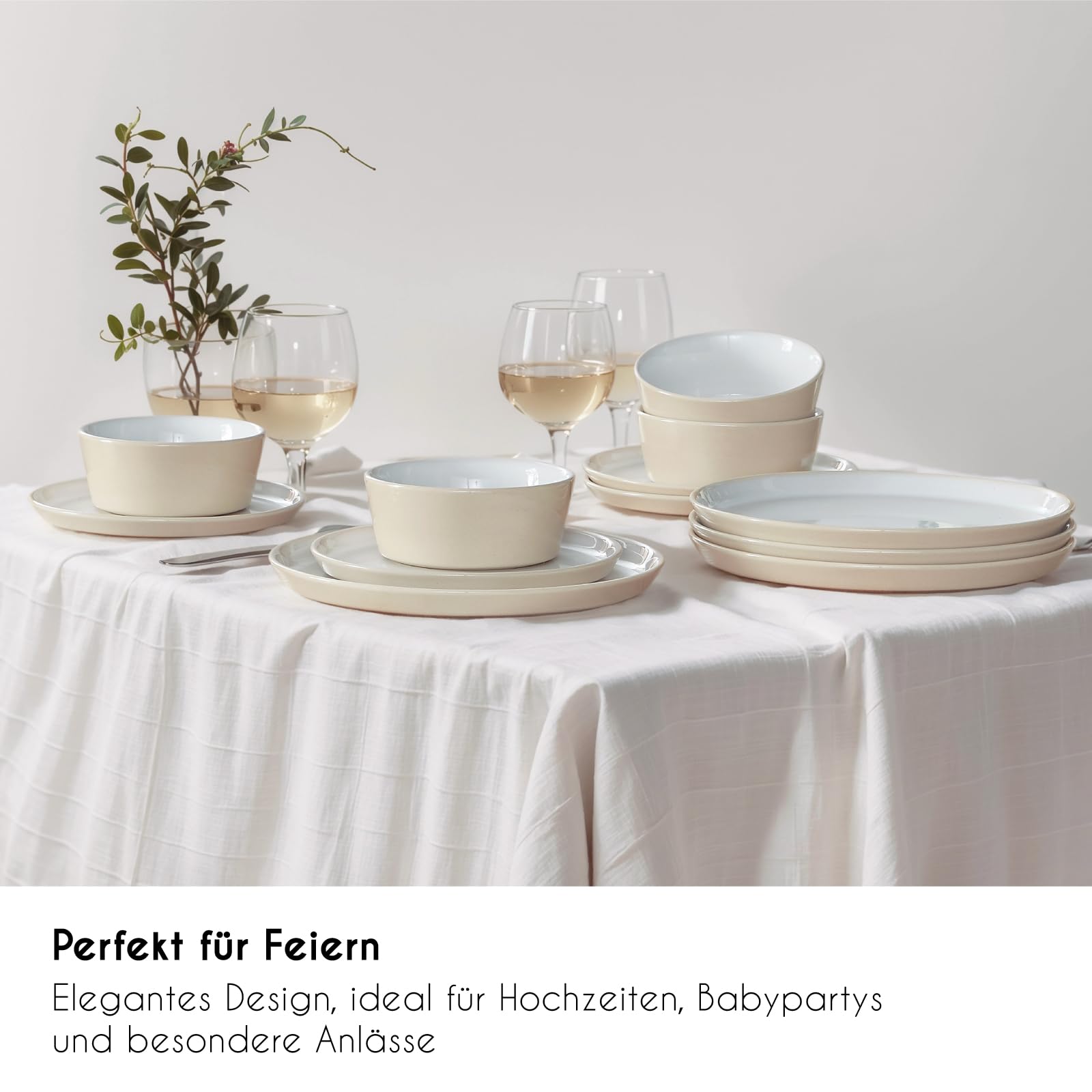 Geschirrset 4 Personen, 12 tlg Steingut Kombiservice Modernes Geschirr Set, Schüssel- und Teller Set aus je 4x Speiseteller 4x Dessertteller 4x Müslischalen, Rustikales Farmhouse-Design, Hellbeige