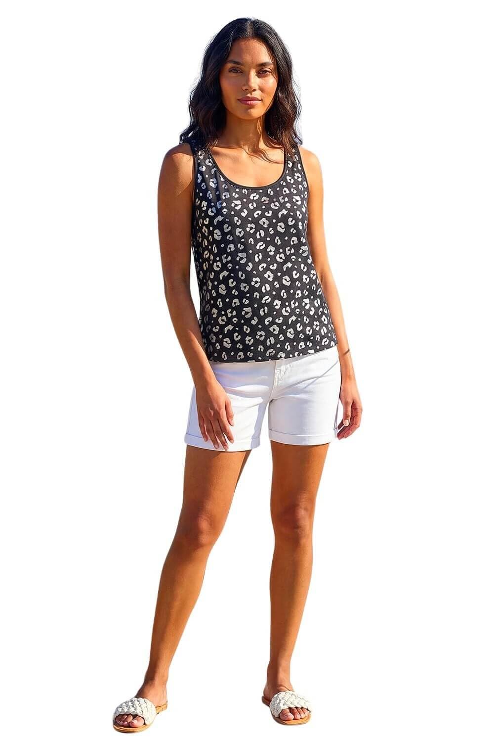 Roman Originals Women's Noir Leopard Vest Top For Uk - Tank Tops Tunic Summer Blouse Cami Camisole V-Neck Stretch Jersey Casual Sleeveless Beach Party Lounge Holiday Spring