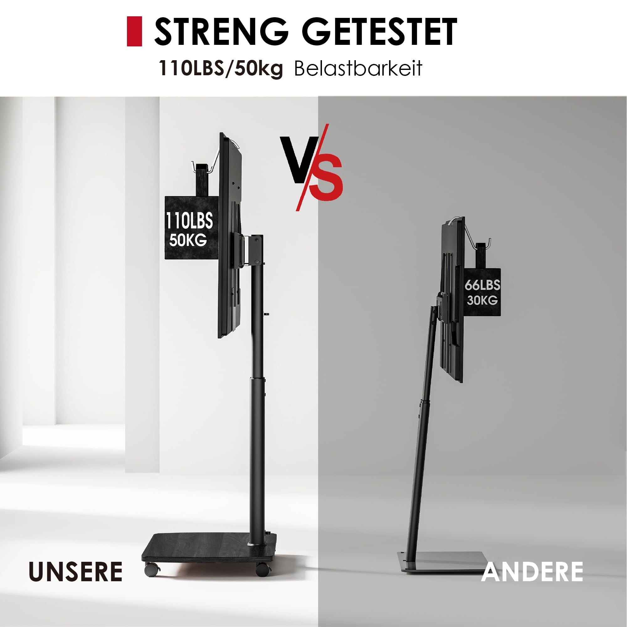 AOKCOS TV Bodenständer Rollbar mit Holzregal, TV Ständer mit Rollen für 43-75 Zoll Flach & Curved Fernseher bis 50kg, Höhenverstellbar Schwenkbar Fernsehstand, Max.VESA 600x400mm