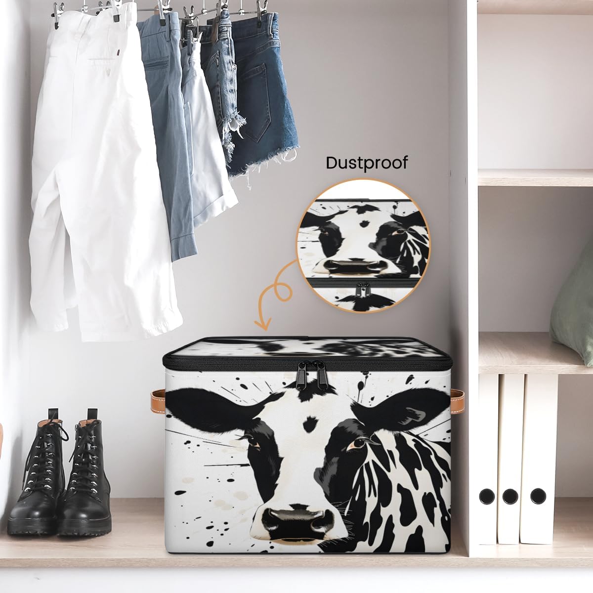 Storage Bin Set of 2 Cow Animal Storage Basket with Zipper Lid & Handle Foldable Closet Shelf 2 Pack Cloth Organizer Basket Cube Bins Clothes Organizer for Bedroom, Nursery