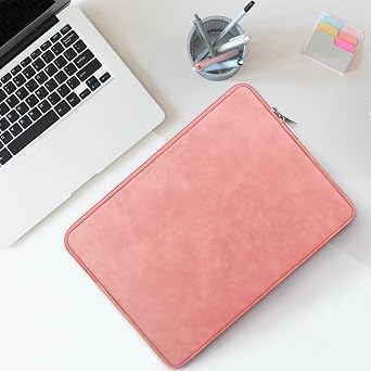 RAINYEAR 15 Inch Laptop Sleeve PU Suede Leather Case Padded Cover, Coral