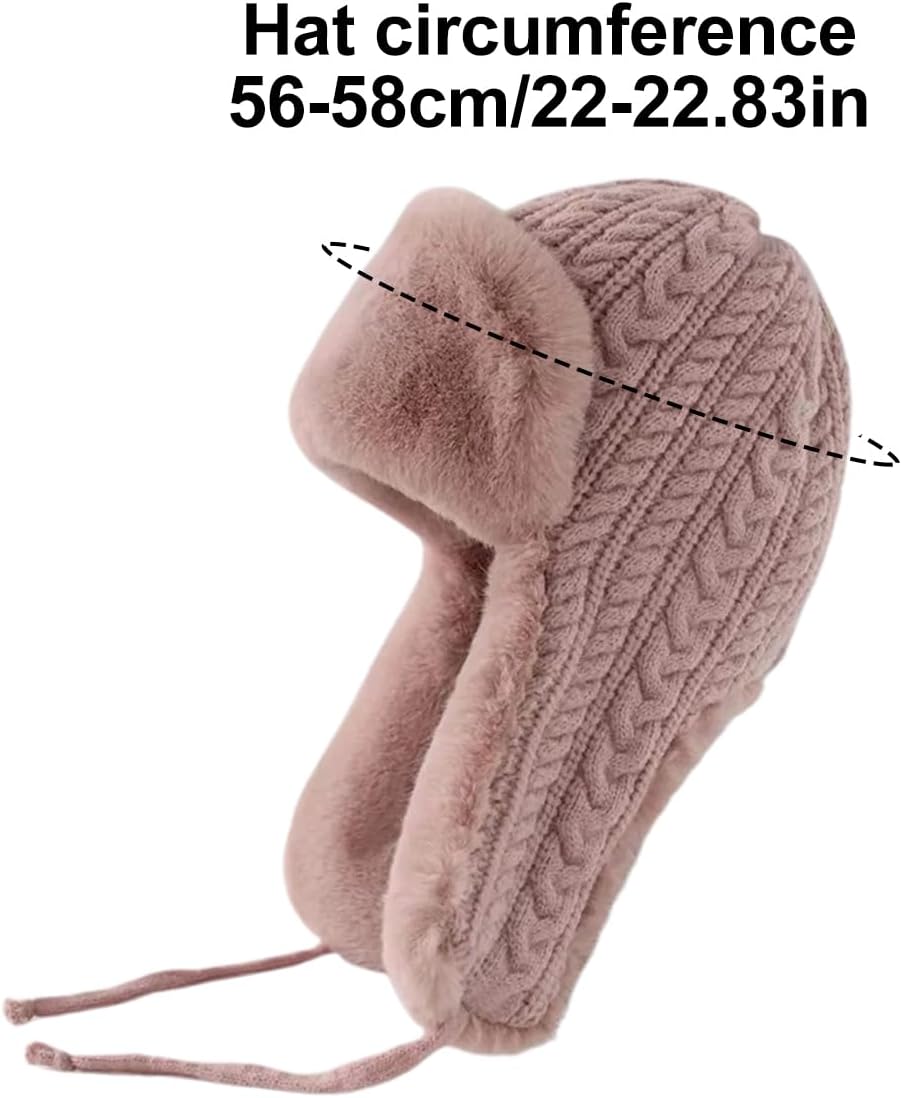 ECYC Knitted Trapper Hat, Faux Fur Lined Earflap Hat Winter Warm Russian Ushanka Hat Knit Cold Weather Hat for Women
