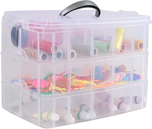 Miniatura 9 de Caja de almacenamiento apilable de 3 niveles con divisores, 30 compartimentos, organizadores de cuentas con tapa de pestillo para almacenamiento