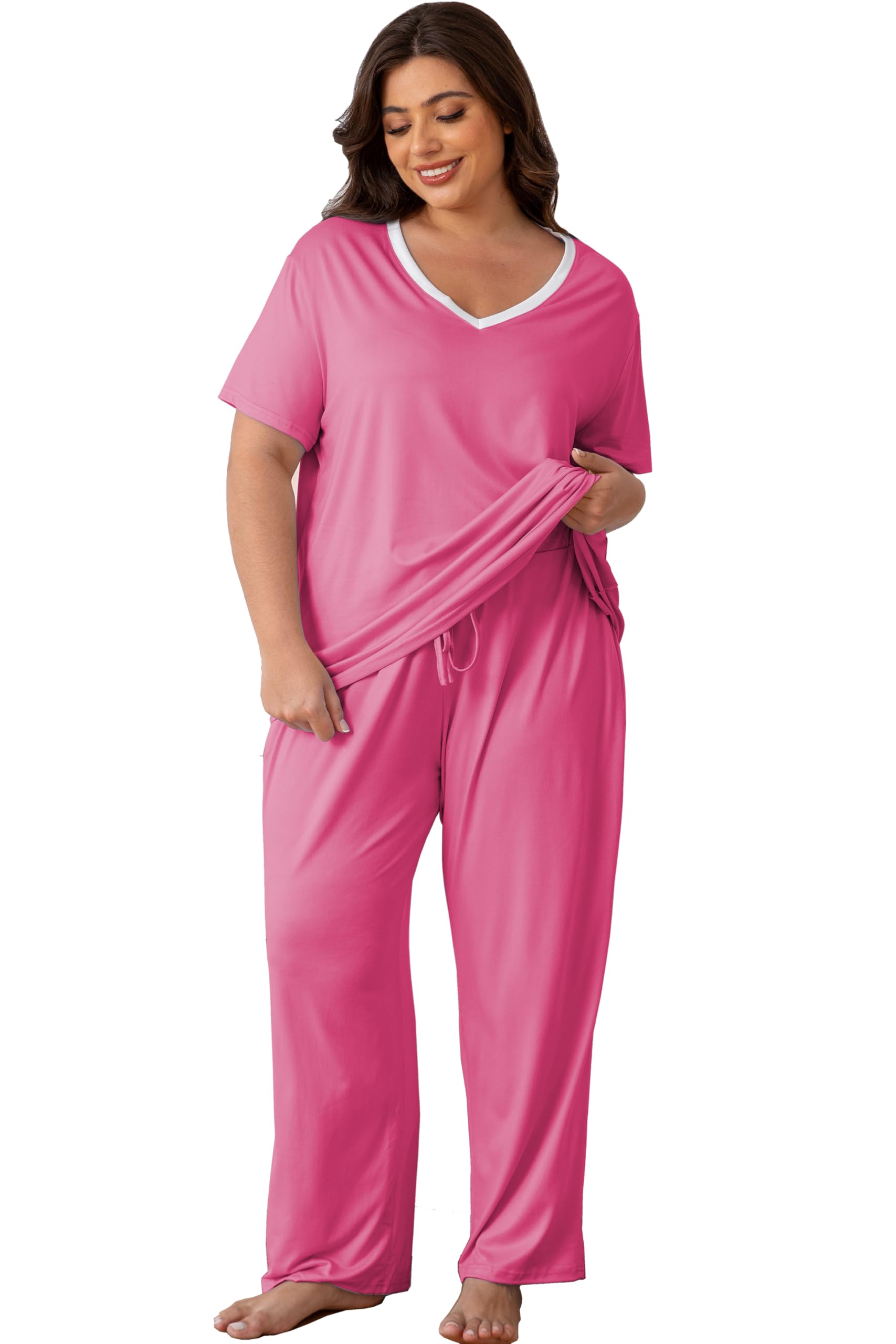 Givtzzod Plus Size Women Pajama Sets Short Sleeve Long Pants Solid Color Sleepwear V Neck Casual Lounge Sets Nighty