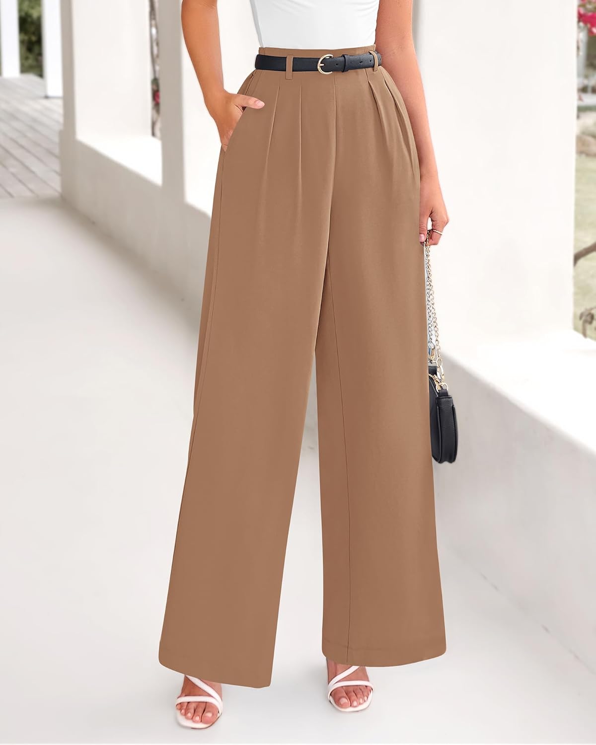 BTFBM Women's Elegant Flowy Dress Pants Front Pleated High Waisted Casual Wide Leg Loose Palazzo Trousers with Pockets - Image 5