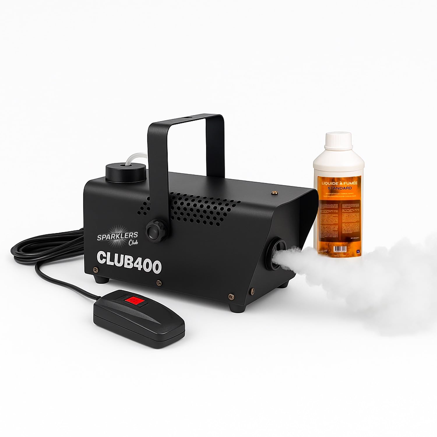 SPARKLERS CLUB Macchina per Fumo 400W con Liquido 1L Incluso – Flusso Potente e Serbatoio 0,3L – Tempo di Riscaldamento Rapido – Compatta e Trasportabile – Ideale per DJ e Feste