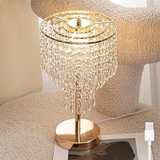 AoLa Kristall Tischlampe Gold lnnen LED Dimmbar Tischlampe mit Kabel und Schalter Modern Luxus Kristalllampe Dekorativ Nachttischlampe mit USB Stecker für Mädchen Schlafzimmer Wohnzimmer Büro Café
