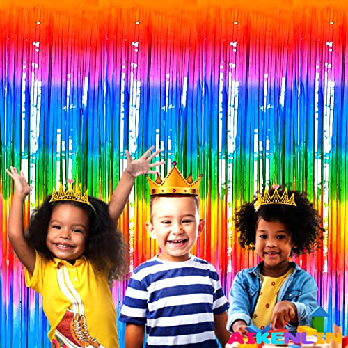 Image of 4 Pack 3.2Ft x 8.2Ft Rainbow Foil Fringe Curtain Backdrop, Colorful Metallic Tinsel Foil Fringe Streamers Curtains Background for Photo Booth, Birthday, Wedding, Halloween, Christmas Party Decoration