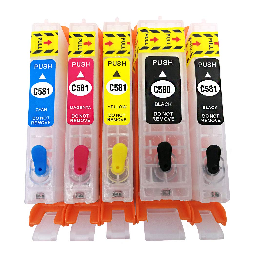 Cartouches d'encre rechargeables et 5 bouteilles d'encre compatibles pour imprimante Canon PGI-580XXL CLI-581XXL Pixma TS6150 TS6250 TS6251 TS6350 TS6351 TS705 TR7550 TR8550 TS9150 TS9155