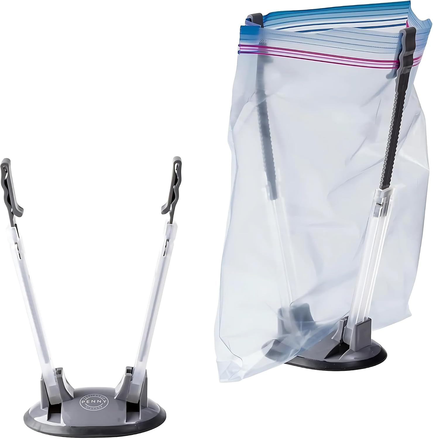 Passionate Penny Pincher Freezer Bag Holder Stand (2 Pack) | Freezer Bag Stands | Ziplock Bag Holder for Filling | Adjustable Hands-Free Rack Clip | Meal Prep Bag Stand | Non-Slip Rubber Base (Grey)