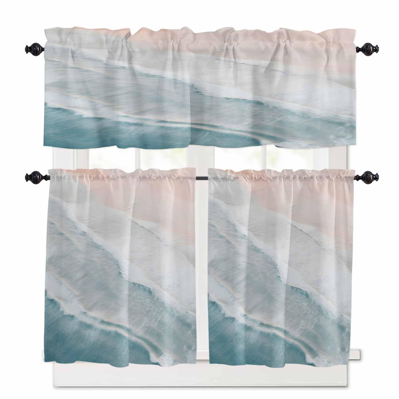 Beach Coastal Kitchen Curtains 24 Inch Length, 3 Piece Rod Pocket Small Half Tiers and Valance Set, Blue Nautical Summer Ocean Seaside Small Large Window Treatment Decor for Bedroom/Bathroom Sink