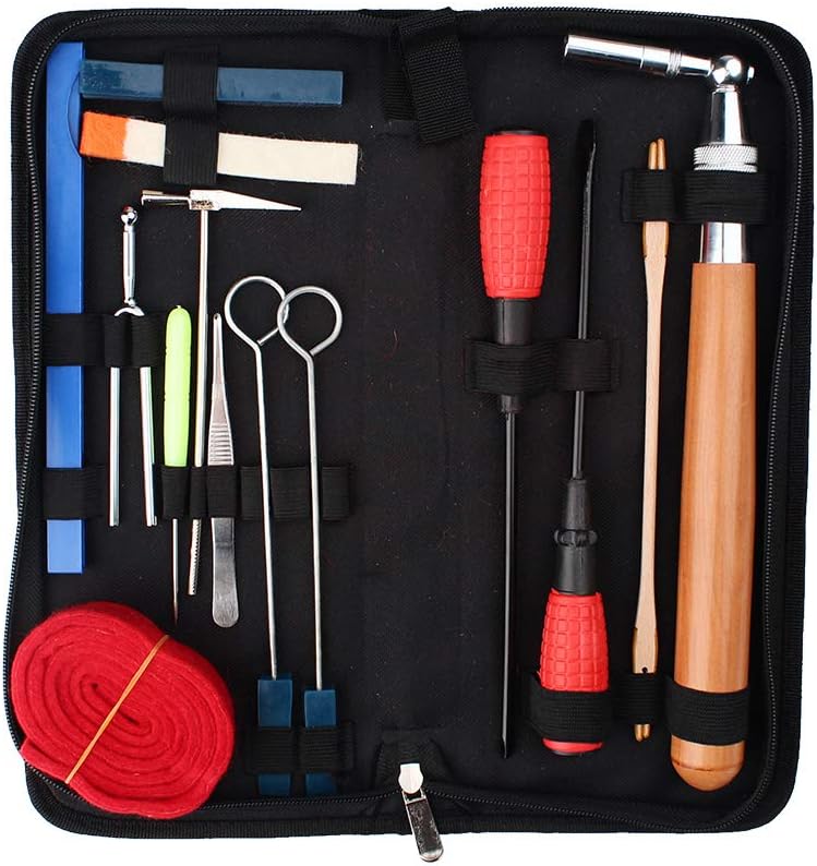 QStyle Piano Tuning Kit - Professional 16 pcs Tools Including Tune Hammer Lever Felt, Mutes, Fork
