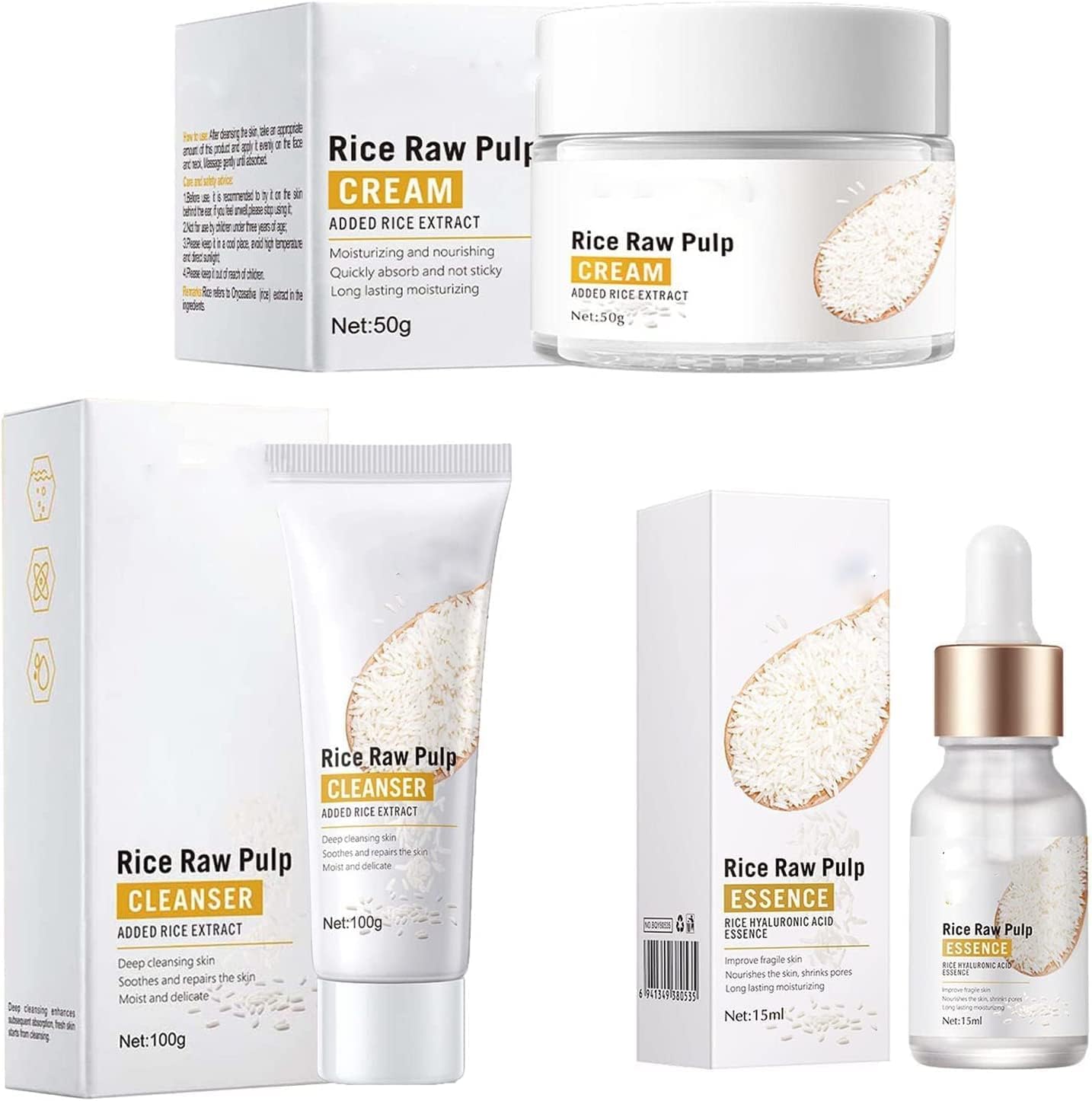 Rice Raw Pulp Face Serum Set, White Whitening Cream With Extract, Anti Aging Essence, Moisturize Anti-Wrinkle Shrink Pores