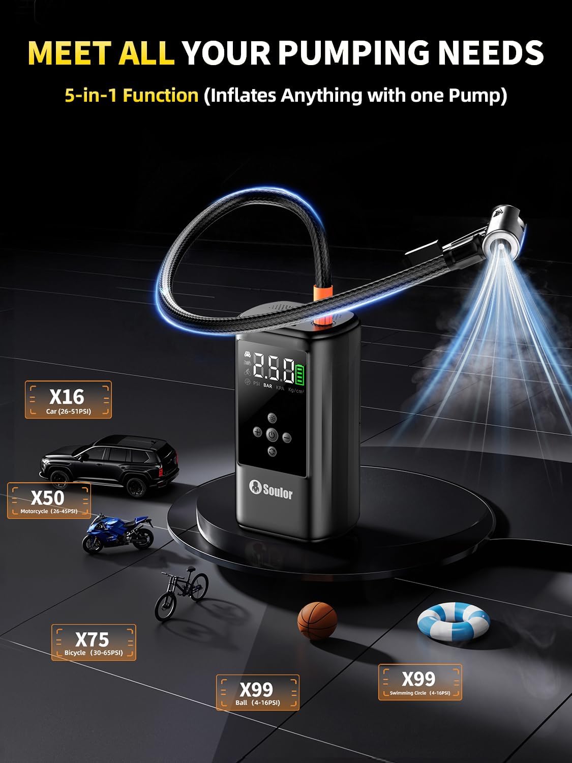 6000A Jump Starter with Air Compressor Battery Jumper Starter Portable 10-in-1 Car Jump Starter Portable 12V Jump Box with 160PSI Tire Inflator LED Light and Jumper Cables (10L Diesel All Cars)