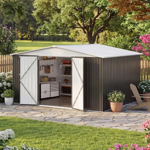 Image of AirWire 12x14 FT Storage Shed,Garden Shed with Updated Frame Structure and Lockable Doors, Metal Tool Sheds for Backyard Garden Patio Lawn,White