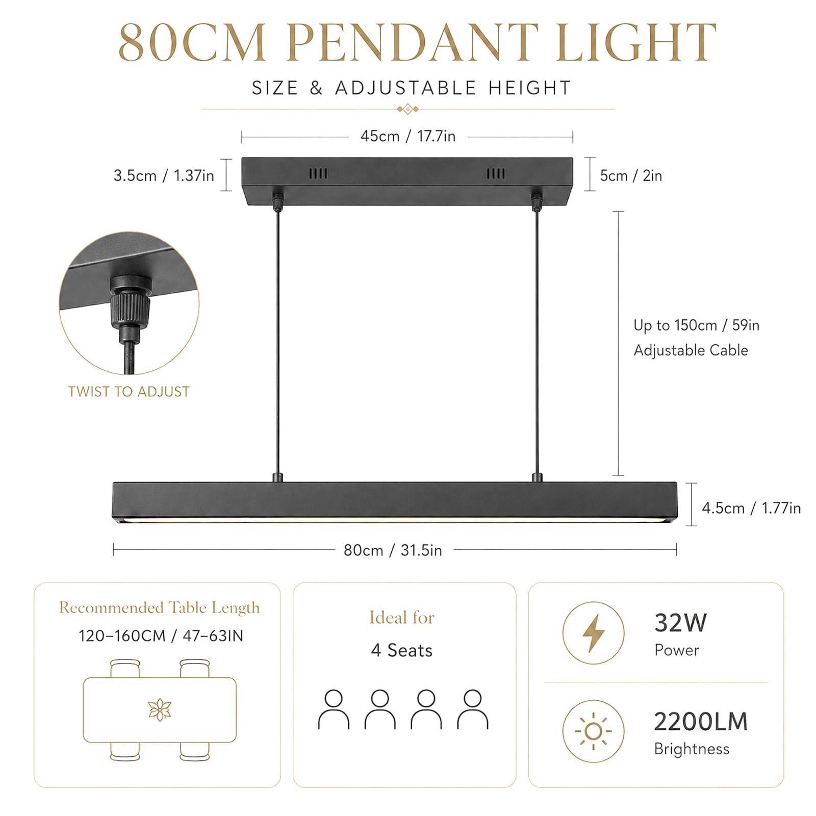 Moderna lampada a sospensione da tavolo da pranzo a LED , lampadario nero in Legno Dimmerabile con Telecomando, Regolabile in altezza Lineare lampada sospensione per Soggiorno, Cucina, Ufficio,80cm