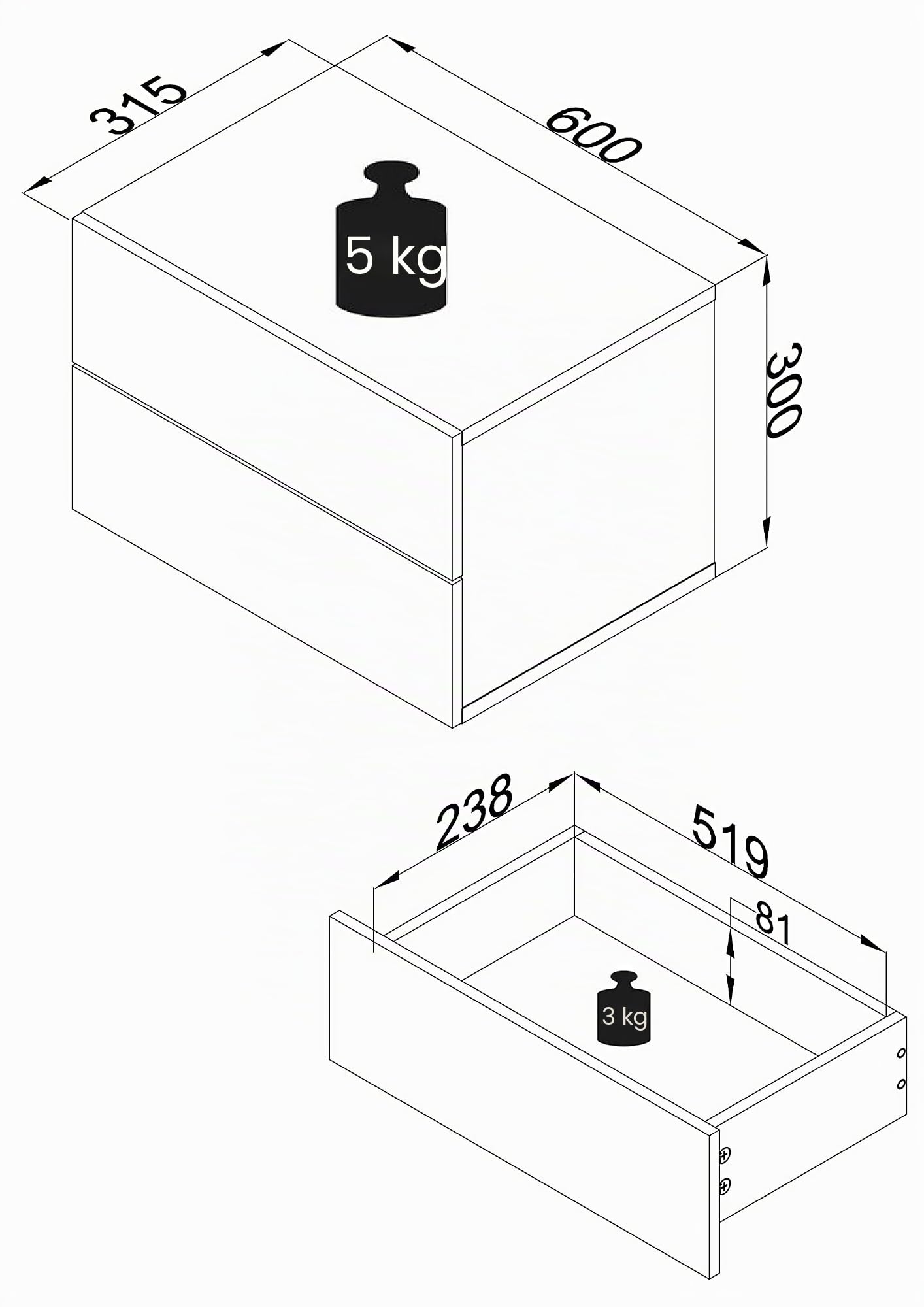VCM Nachtschrank | Wandschublade | Wandboard | Nachttisch | Maße ca H. 30 x B. 60 x T. 32 cm - Usal L 60 cm Weiß/Honig-Eiche