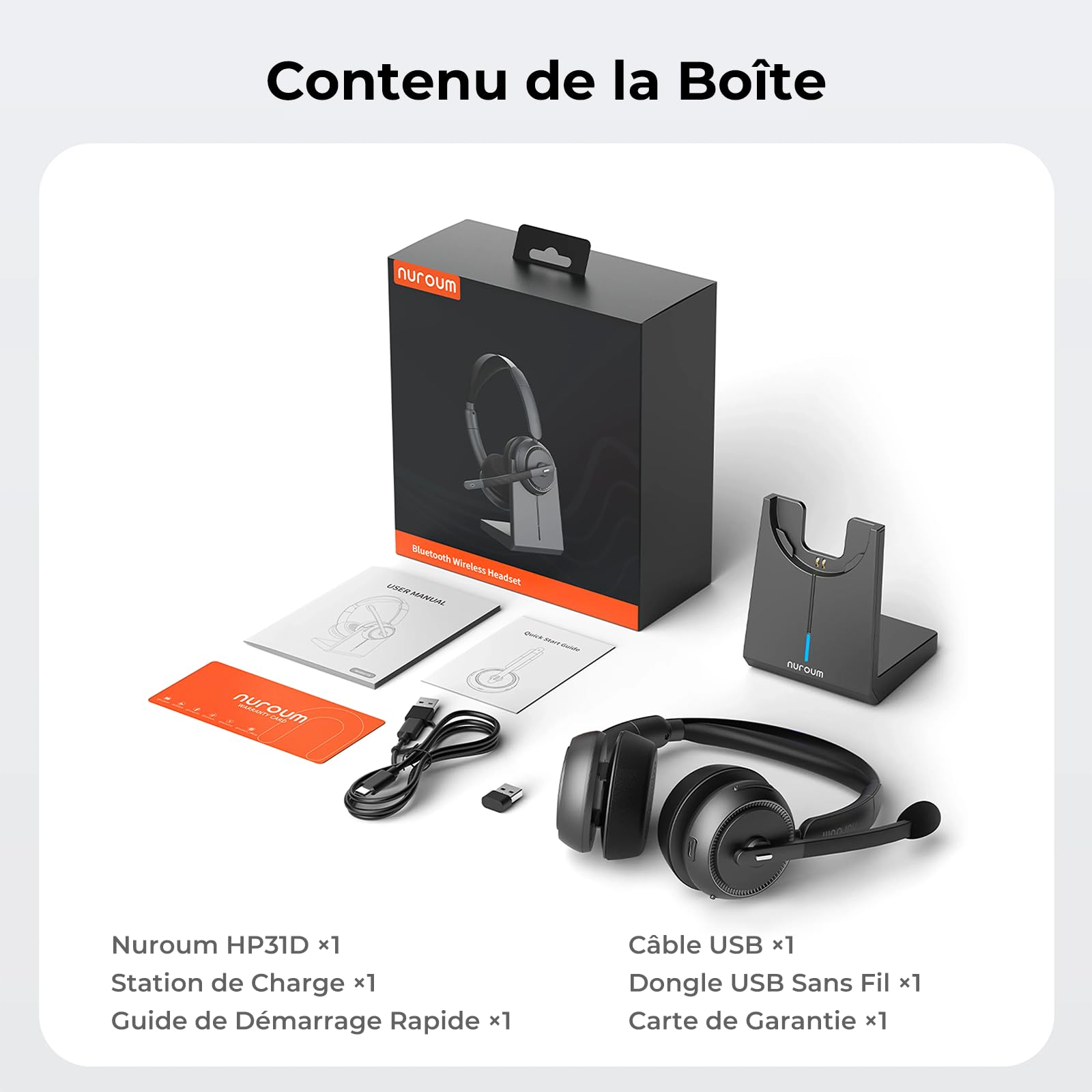 Nuroum HP31D 2026 Professionnel Casque Bluetooth sans Fil avec Micro,Casque à Réduction de Bruit ENC avec Station de Charge,Bluetooth 5.4,Dongle USB,Connexion Multipoint pour Télétravail/Appels Clairs