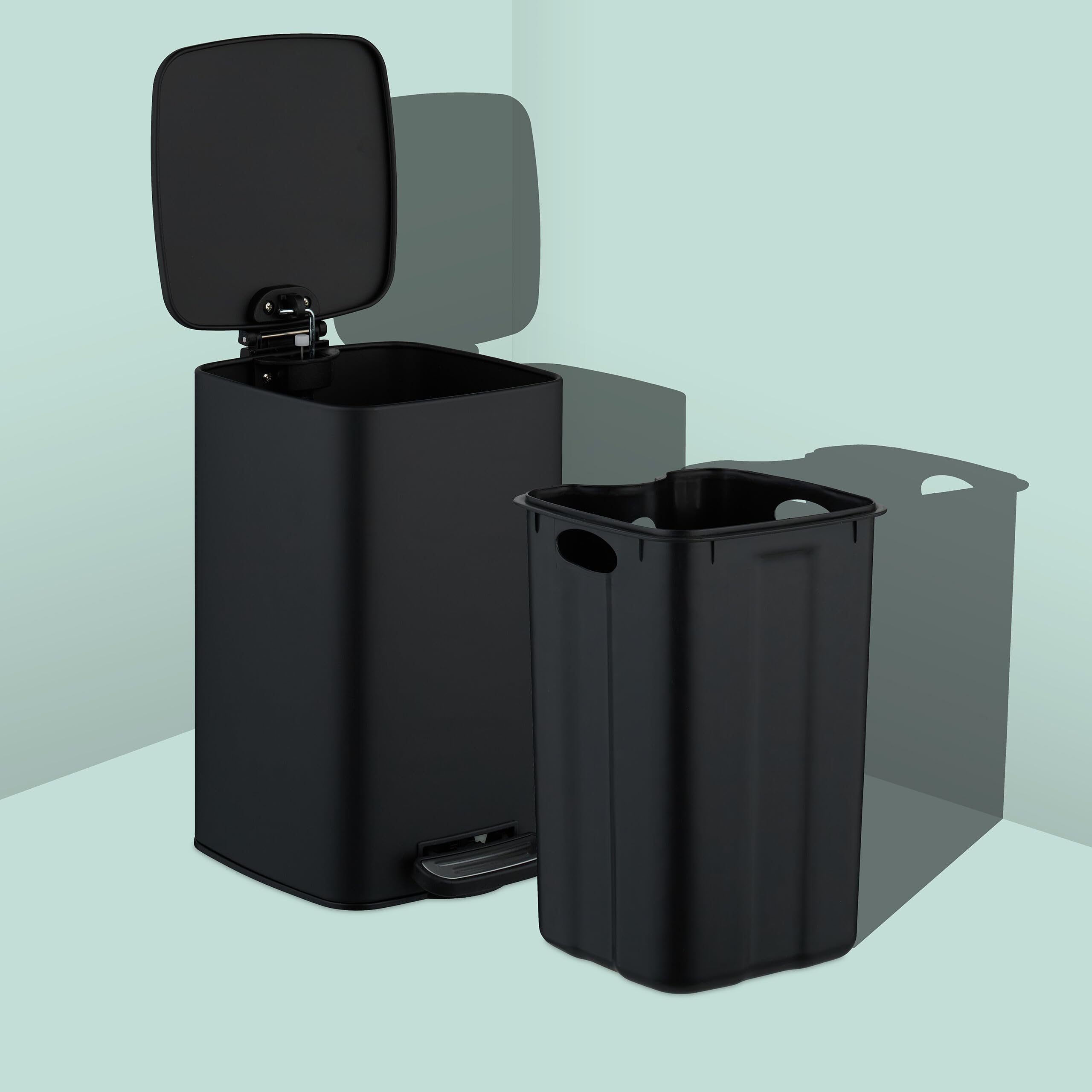 Relaxdays Cubo de Basura Baño, 8 litros, Cierre Automático, Papelera Interior Extraíble, Metal, Tapa y Bolsas, Negro