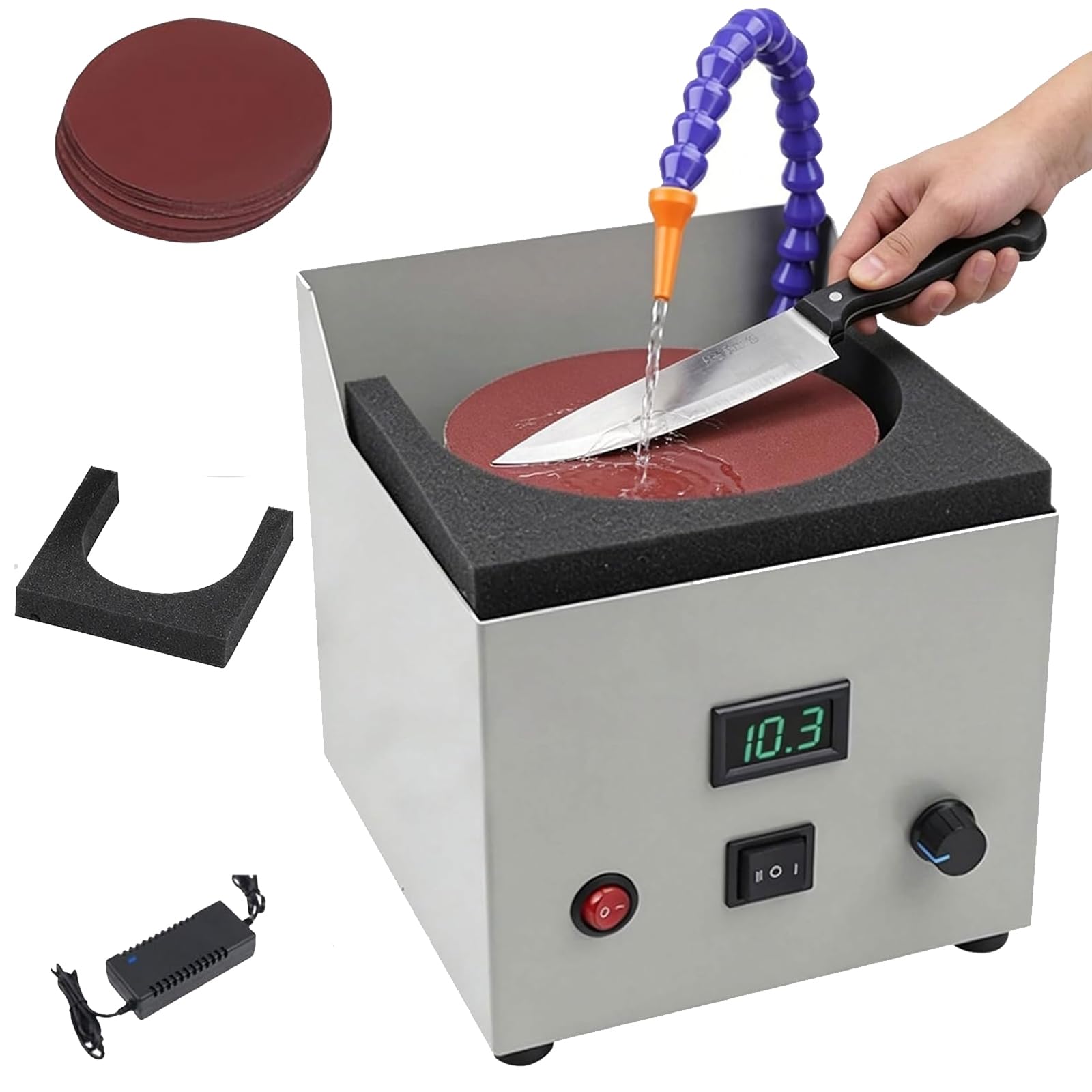 VILA SMO Wet Dry Bench Grinder, 150w Electric Bench Sander With Built-in Water Pump, Forward Reverse Rotation, 0-4000 Rpm Stepless Speed Control, With 10 Pcs Sandpaper, For Scissors Metal Working.