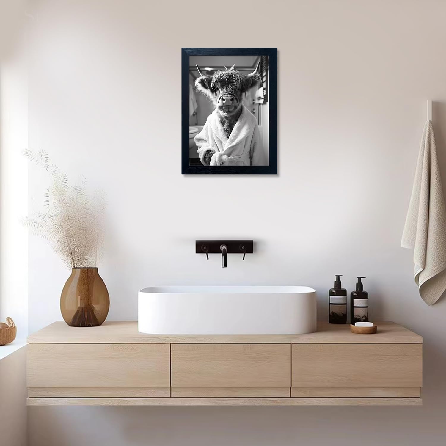 Highland Cow Brushing Teeth Bathroom Wall Decor, Black and White Bathroom Wall Art, Framed Funny Cow Pictures Guest Room Decor