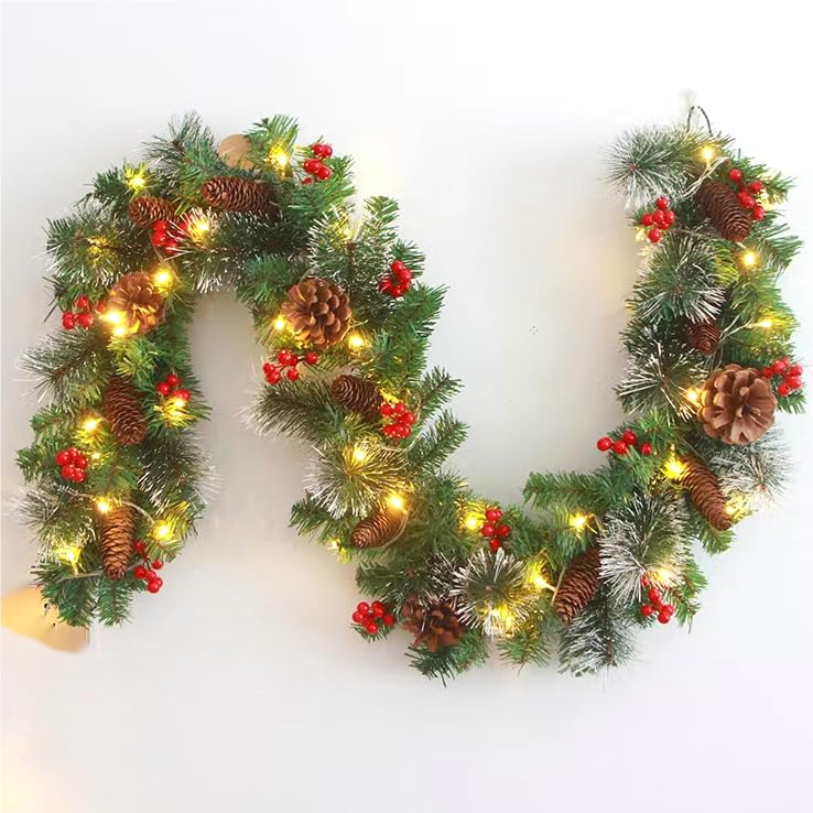 Meiruier 180CM Christmas Garland, Christmas Garland LED Lights, Reusable Christmas Wreath with Pine Cone and Light Christmas Garlands Decorations for Stairs Fireplaces Door (green)