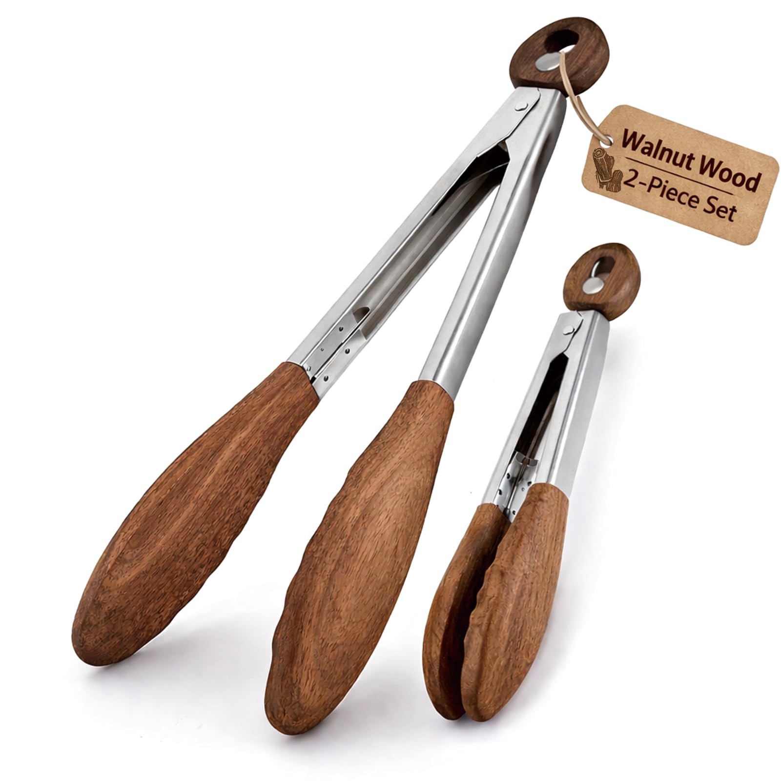 Photo 1 of Bakpoco 10 & 13 Inch Wooden Tongs for Cooking, Kitchen Stainless Steel Salad Tongs with Walnut Wood Tip, Serving Food Toaster Bread Non Toxic Grill Tong, Smooth Locking & Hanging Cooking Utensils Set