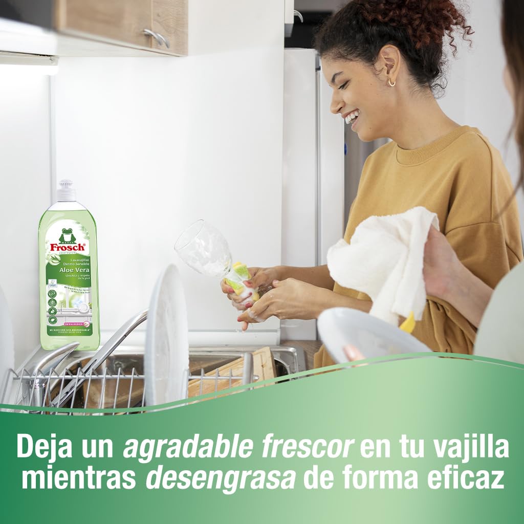 Frosch Lavastoviglie a Mano Liquido Lozione Ecologico Aloe Vera, Dermo-sensibile, Pulizia efficace e protegge la pelle, confezione da 10 pezzi x 750 ml