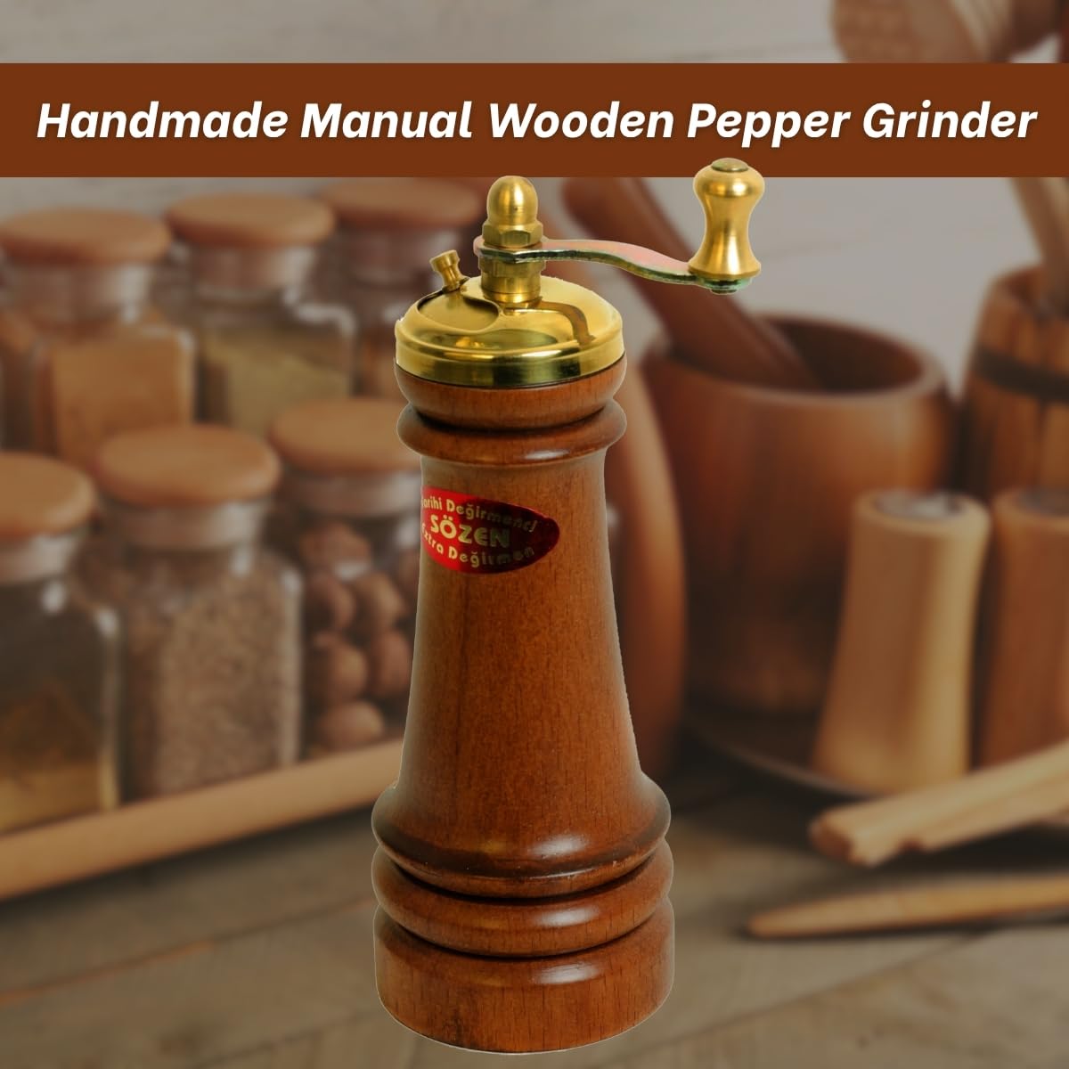 Sozen - Macinapepe manuale in legno, 12,7 cm, fatto a mano, con macina in acciaio inox, portatile, per pepe nero, sale, pepe e altre spezie