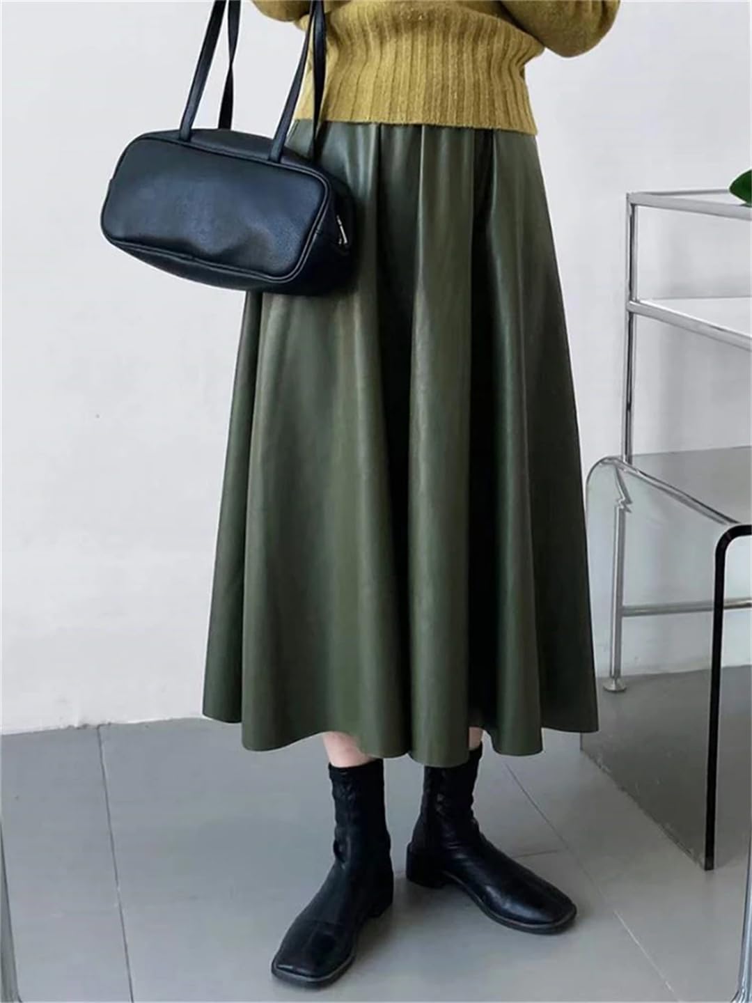 Wjnvfioo Faldas largas de cuero de la PU de las mujeres otoño invierno elástico cintura alta vintage A-Line Faldas