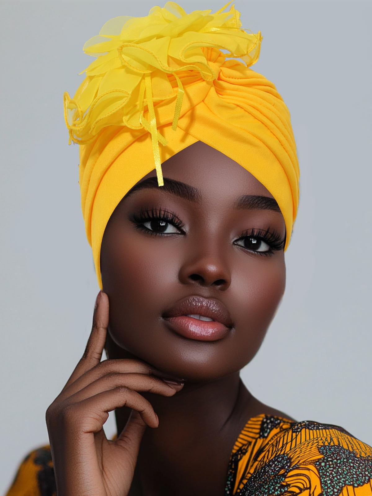 Wosois HeadWrap Hair Turbans African Turban Flower Pearl Crystal Twisted Head Turban for Women Fashion (Yellow)