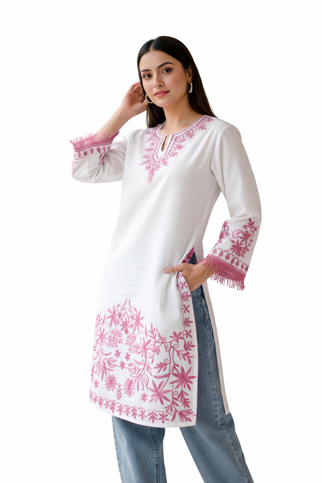 White Cotton Kurti with Pink Aari Embroidery | Straight Fit Summer Kurta for Women | Hand Work Embroidered Casual, Office Ethnic Top-image-22