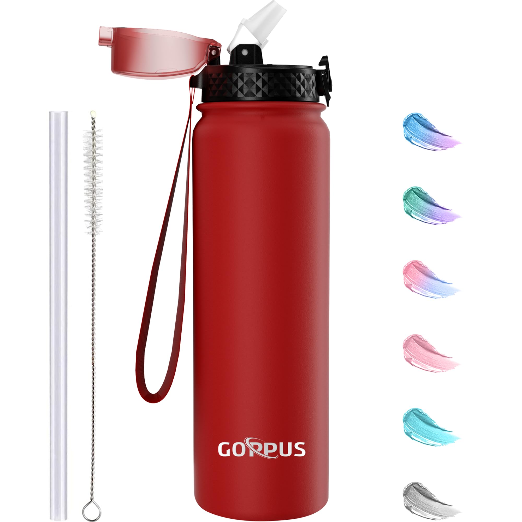 GOPPUS 1L/32oz Stainless Water Bottle with Straw Double Wall Insulated Bottles with Strap Reusable Vacuum Thermal Flask Leakproof Keep Cold Drinks Bottles with Flip Top Lid for Gym Men Women BPA Free