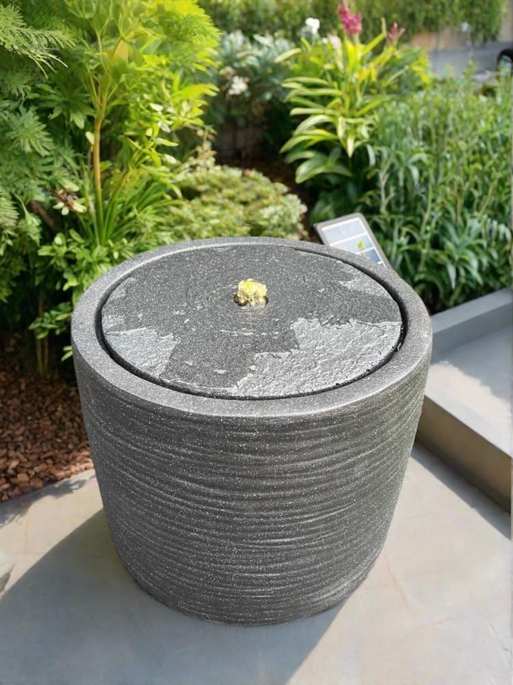 allpondsolutions Round Solar Water Feature with LED Lights in Dark Grey - 36x36x28cm