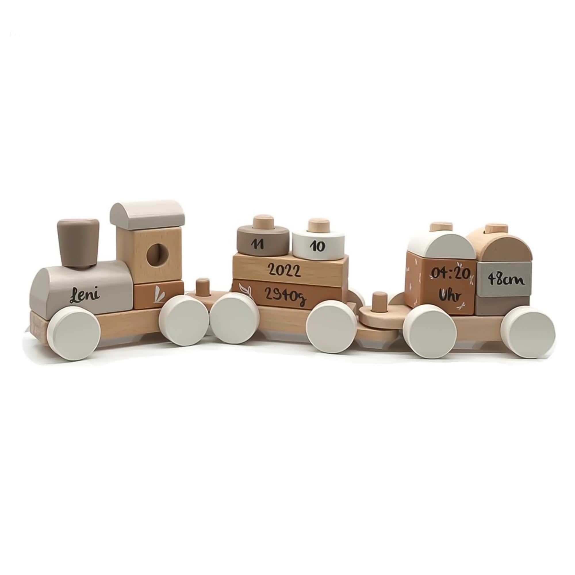 Personalisierte Holzeisenbahn Nougat – Personalisierte Geschenke Baby I Steckspielzeug I Geschenk zur Geburt Jungen & Mädchen I Holzzug mit Name & Geburtsdaten – Label Label