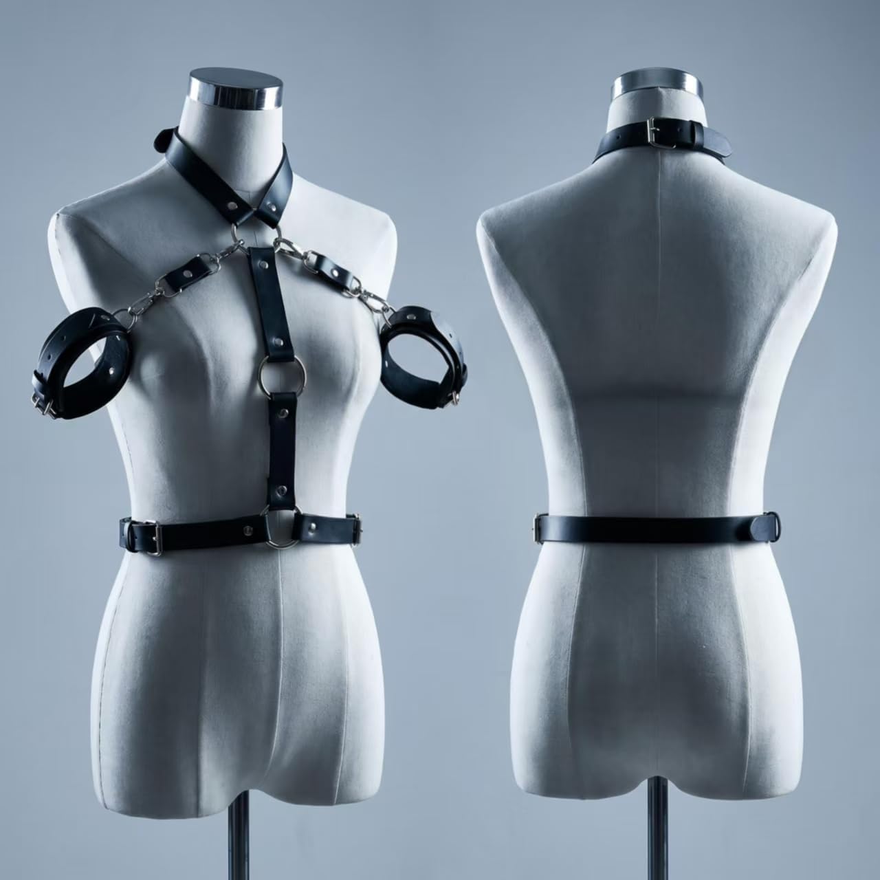 Women's PU Leather Body Harness with Handcuffs & Chains, Adjustable Full Body Harness Set for Cosplay, Club, Party & Lingerie, Black,for Couple Private Bedroom Use