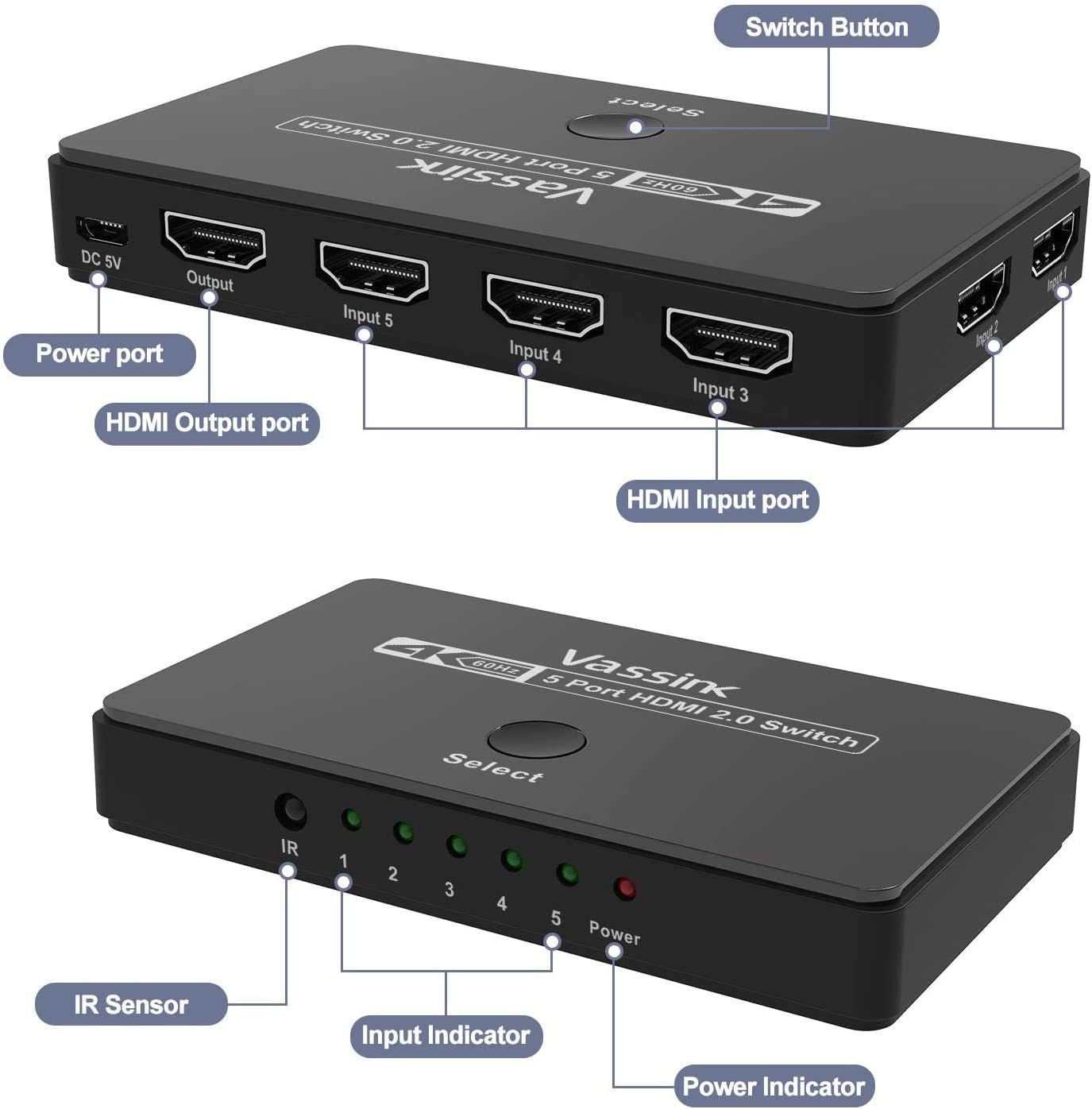 Vassink HDMI Switch 5 Port IR Remote Control HDMI Switcher Box 5 in 1 Out HDMI Switch 5x1 HDMI Selector Support 4K@60Hz Ultra HD 3D HDMI 2.0 2160P 1080P : Electronics