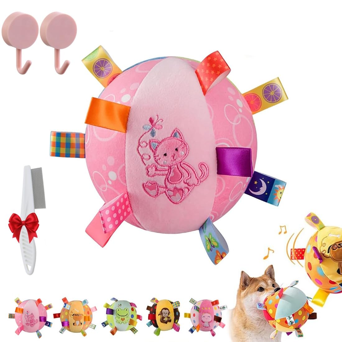 Qosneoun Colorful Squeaky Hanging Dog Training Toy, Puppy Play Gym with Built-in Bell, Soft Stuffed Cotton Ball Bungee Chew Toys for Small Medium Dogs Interactive Training (Cat)