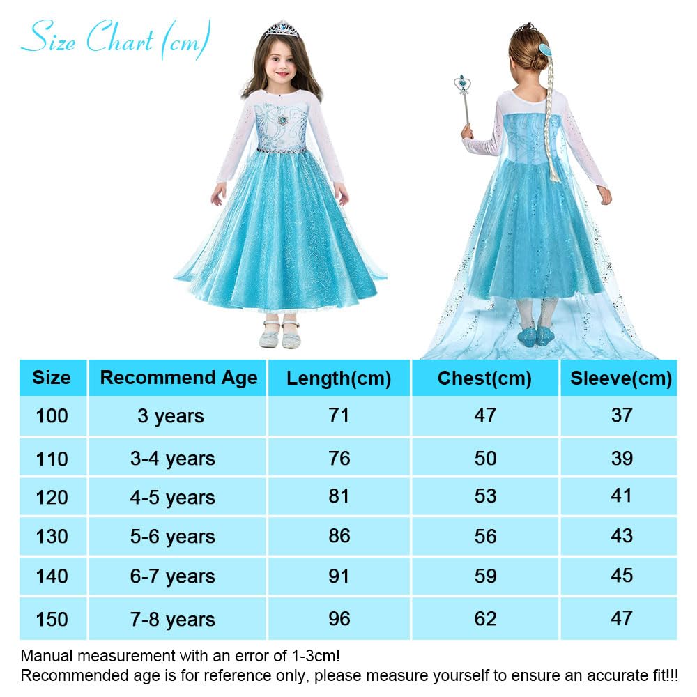 URAQT Costume di Elsa, Set da Principessa Elsa Corona Bacchetta Guanti Treccia, Costume di Cosplay Party Halloween Costume Abito delle Ragazze di Natale Vestito Fantasia (Verde Chiaro-150)