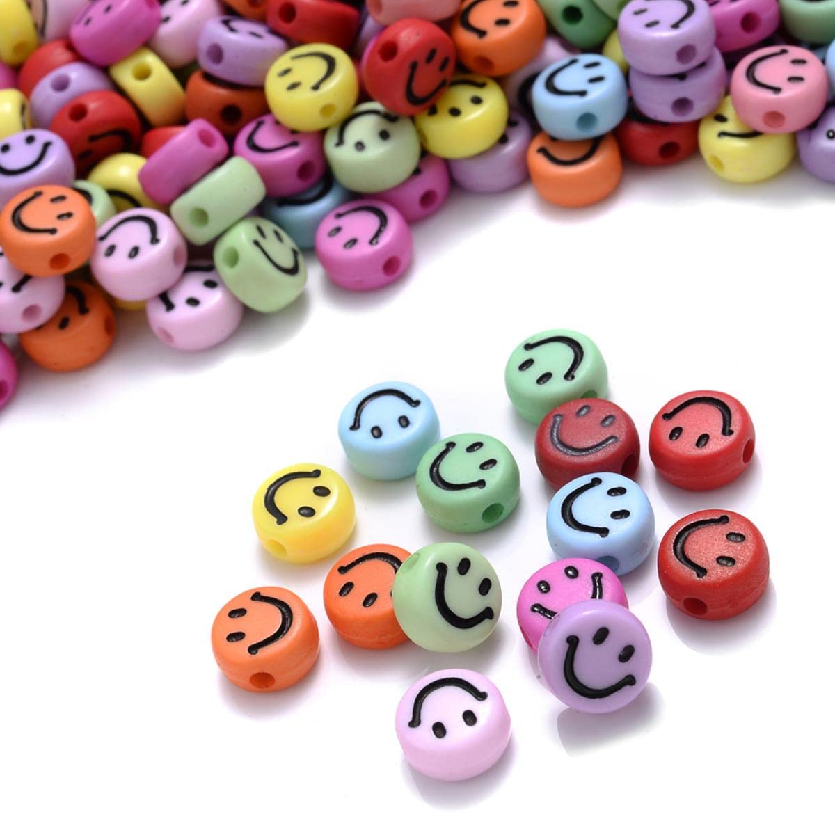 100 Perline A Forma Di Faccina Sorridente In Acrilico Rosa Con Corda Elastica - Fai Da Te Braccialetti E Gioielli
