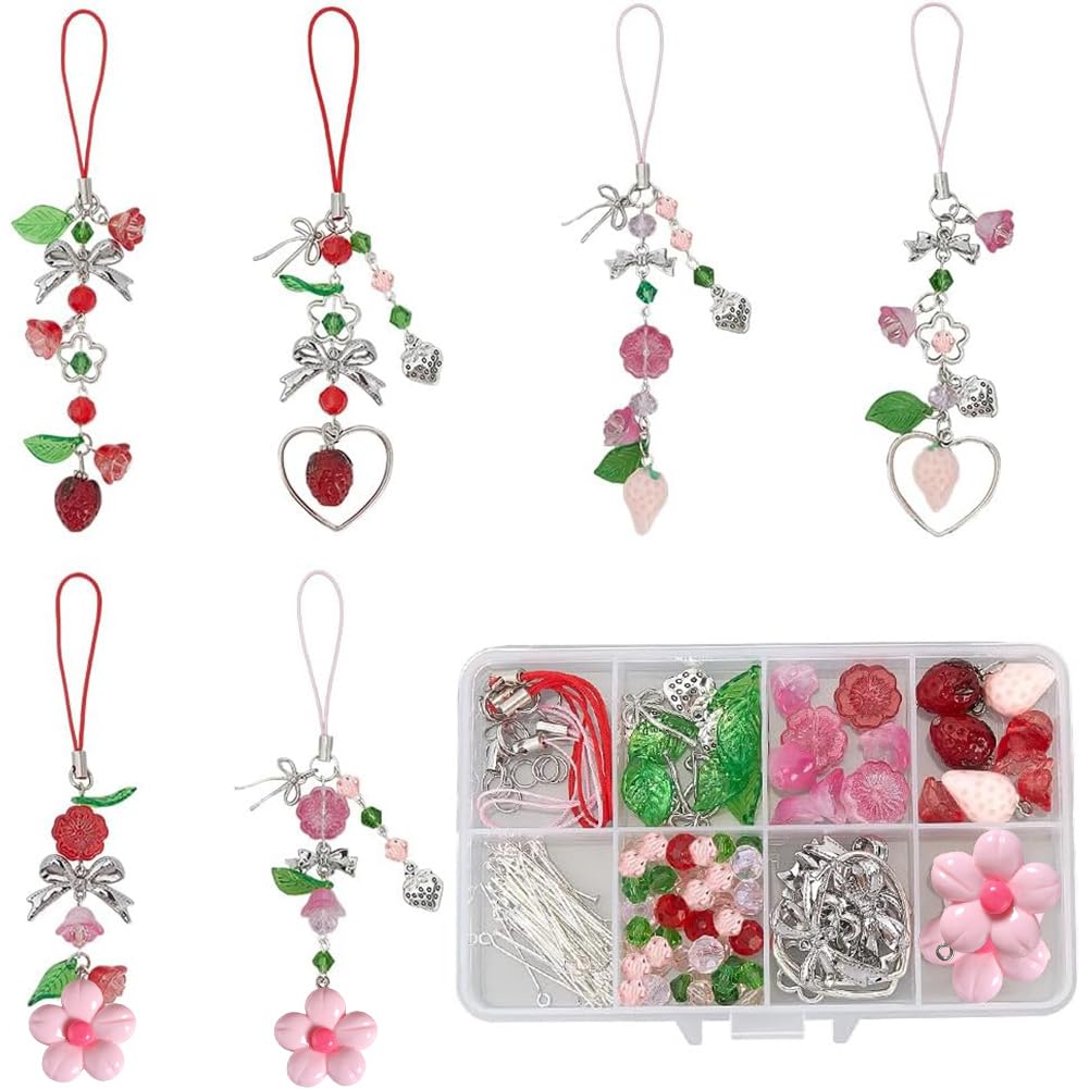 SUNNYCLUE 1 Box 163Pcs DIY 6 Sets Phone Charms Making Kit Cute Cellphone Charms Set Pink Red Spring Lanyard Cute Flower Strawberry Bow Glass Beads for Phone Case Decorating Diy Handbag Crafts Supplies