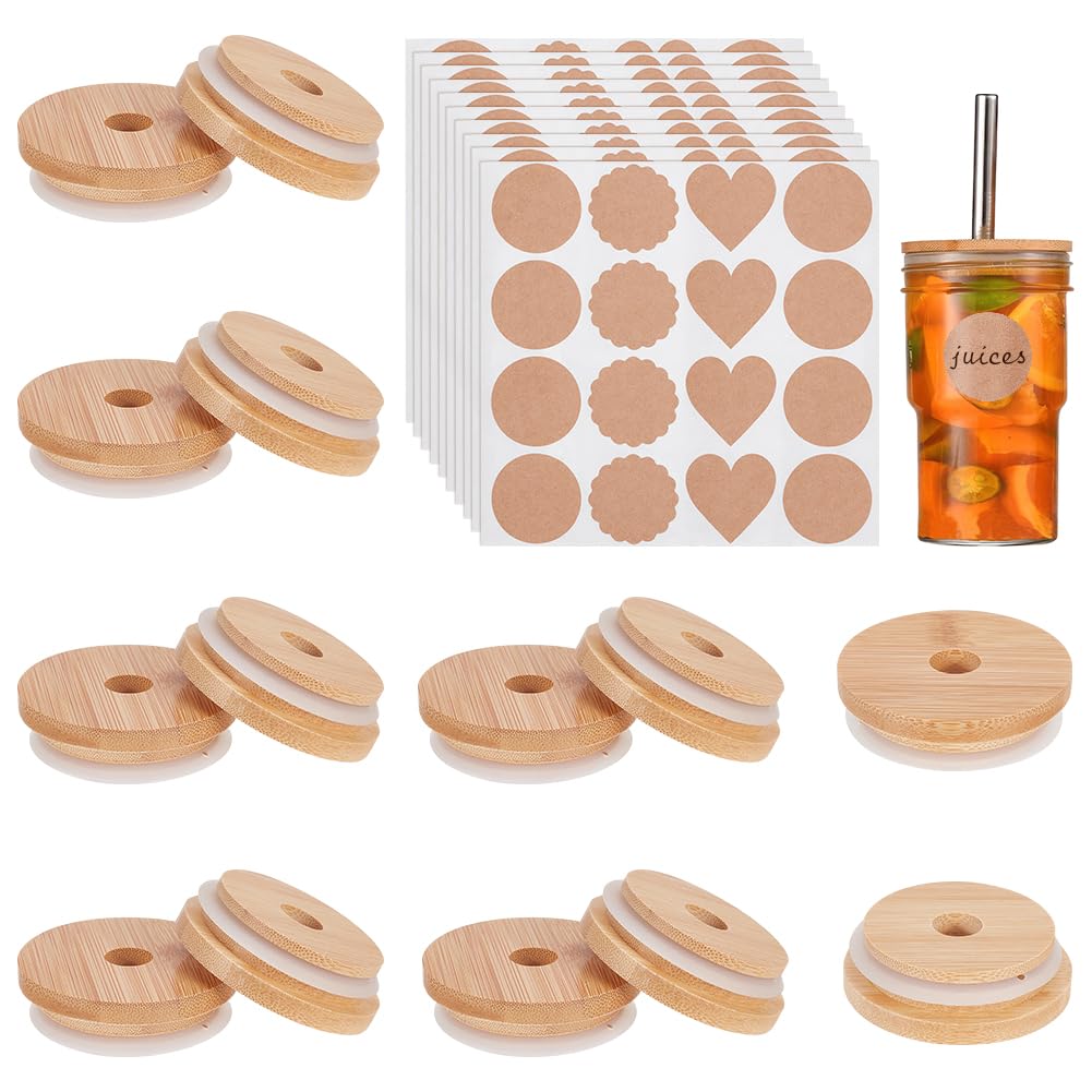 NBEADS 12 Pcs Bamboo Cup Lids with Straw Hole, 70mm Wooden Cup Lids with 10 Sheets Self Adhesive Stickers Replacement Lids Bamboo Cup Cover Round
