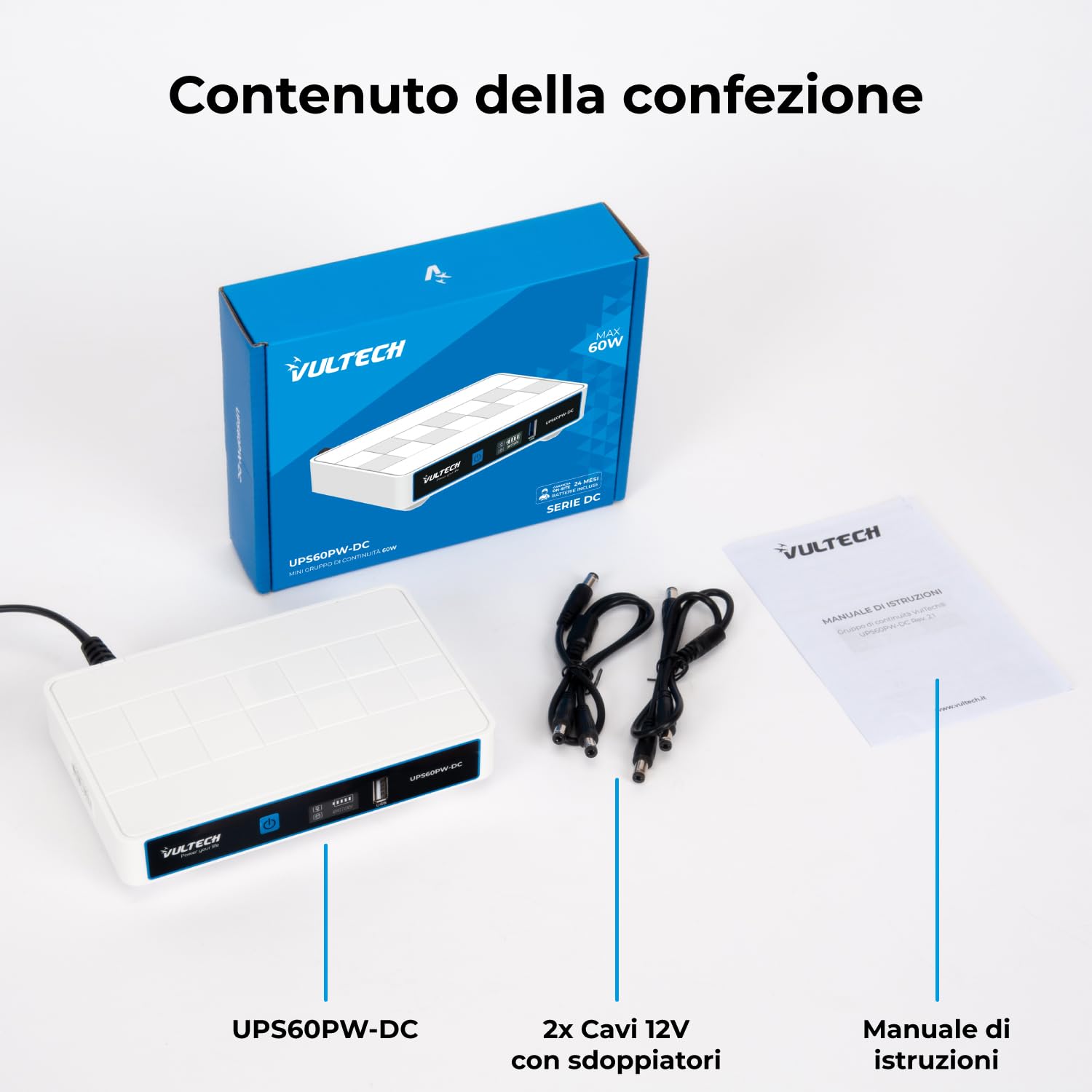 VulTech UPS60PW-DC Rev. 2.1 Weiß Mini USV 6000 mAh 60 Watt tragbare unterbrechungsfreie Stromversorgung für Router Wireless Modem Kamera Power Bank Smartphone Eingang 100-240 VAC USB 5 V DC 12 V