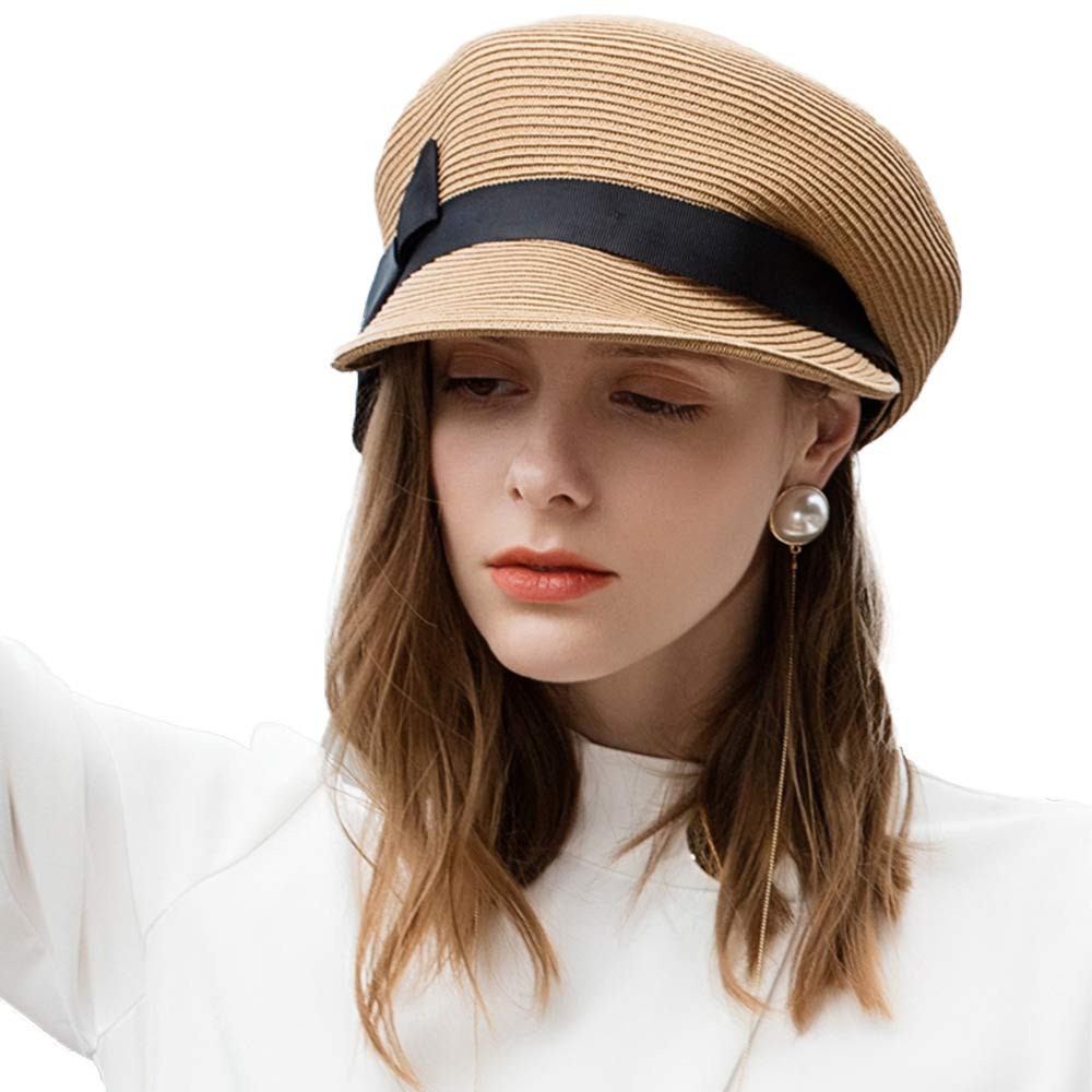 Straw Newsboy Cap with Bowknot, Beach Hat Visor, Lightweight Polyester Straw Hats for Women Round Bumpy Surface Flat Top Bowknot  main image 2