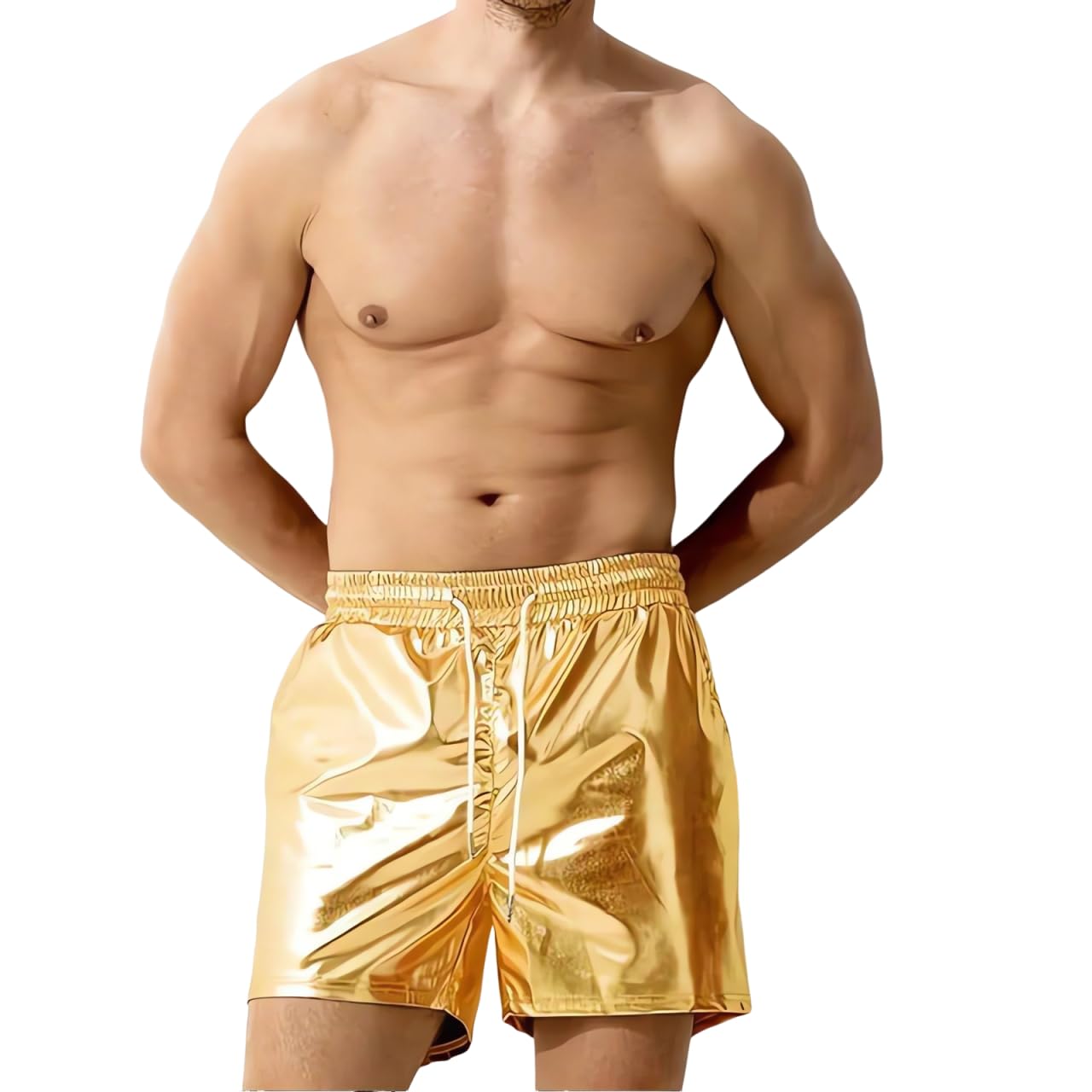 SamHeng Mens Metallic Shorts, Sexy Rave Hot Short with Side Pockets, Elastic Metallic Pu Leather Shorts for Clubwear, Sparkly Shorts for Dancewear Nightclub Rave Party, Loose Casual Shorts Pants Gold