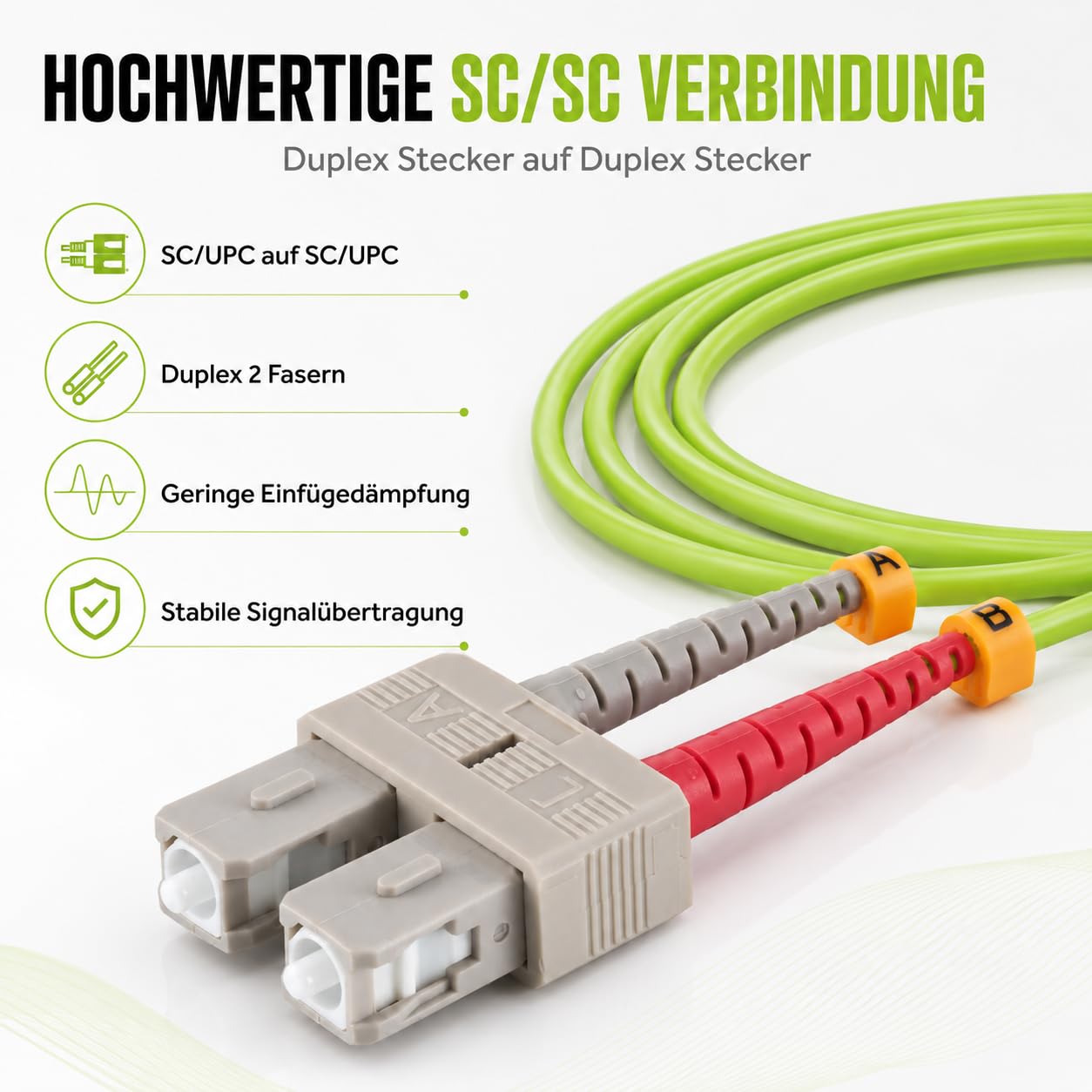 1 câble de brassage duplex OM5 LWL DX de 30 m, SC/UPC - SC/UPC MM multimode - 50/125 µm LSZH vert citron