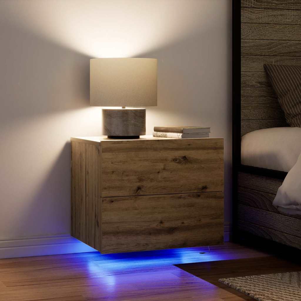 Comodino in rovere Artisan, 2 pezzi, 50 x 39 x 41 cm, montaggio a parete con striscia LED, alimentato tramite USB, 2 cassetti, vano portaoggetti per camera da letto, scaffale